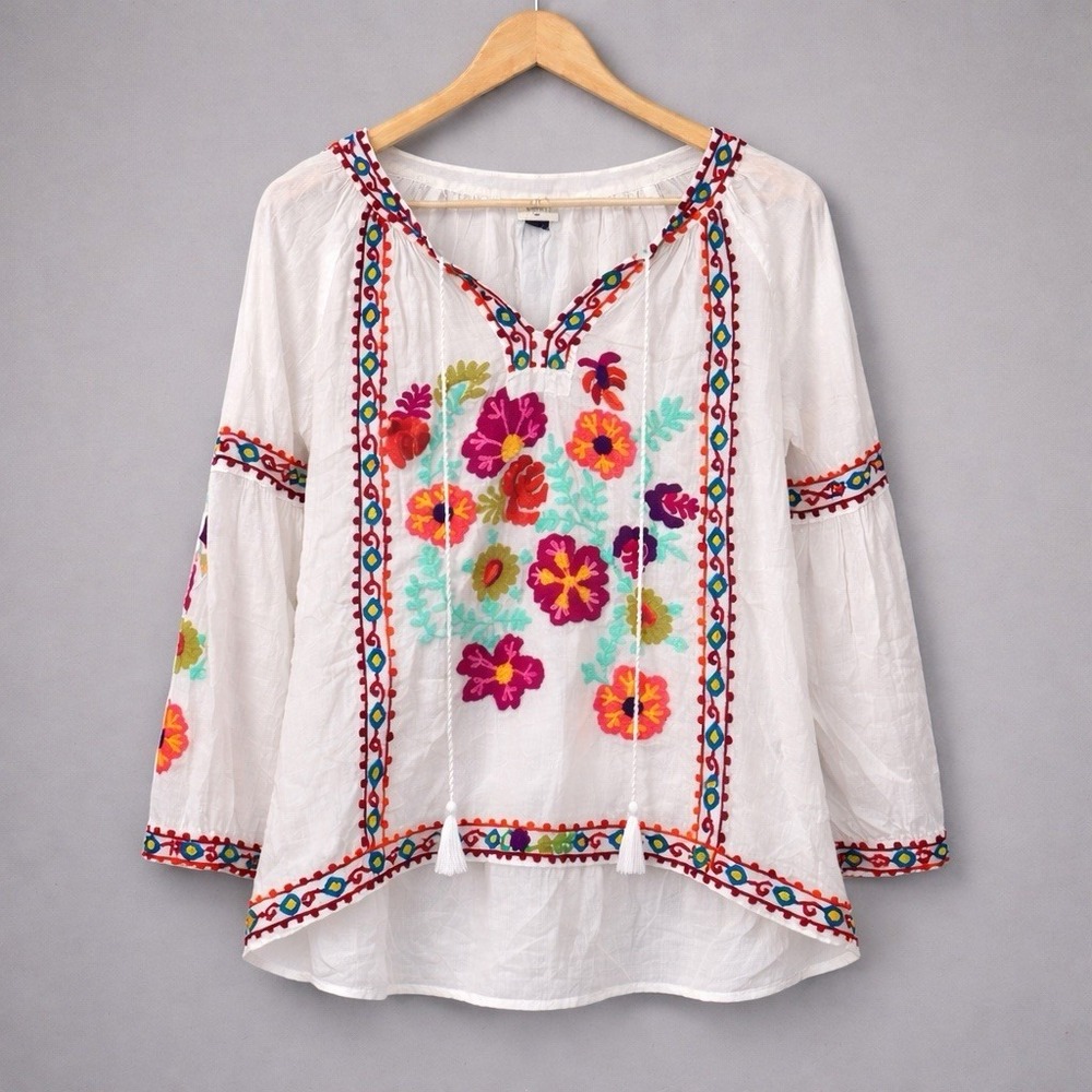Lula Soul Boho Cottage Embroidered Floral Top Womens XS Sheer Festival Hippie